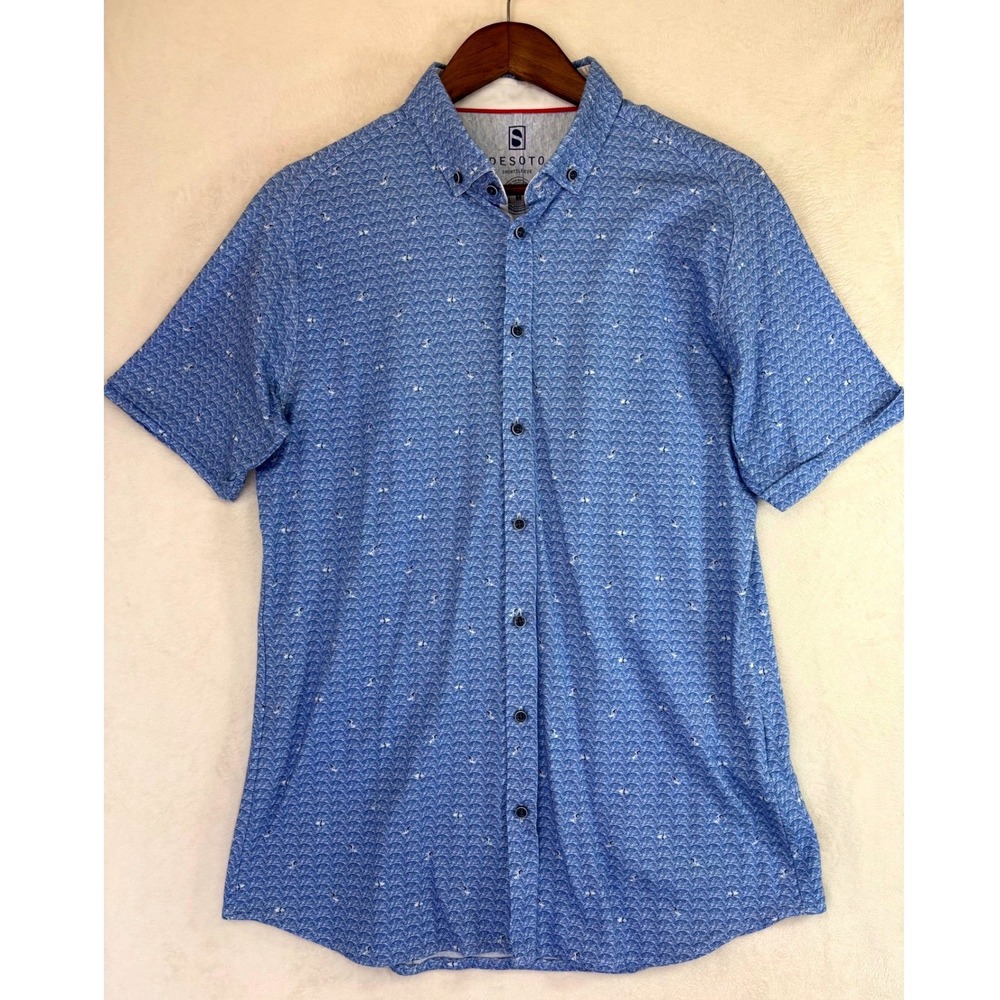 DESOTO Mens Shirt Short Sleeve Blue Golf Button Down Shirt Blue Work Stretch